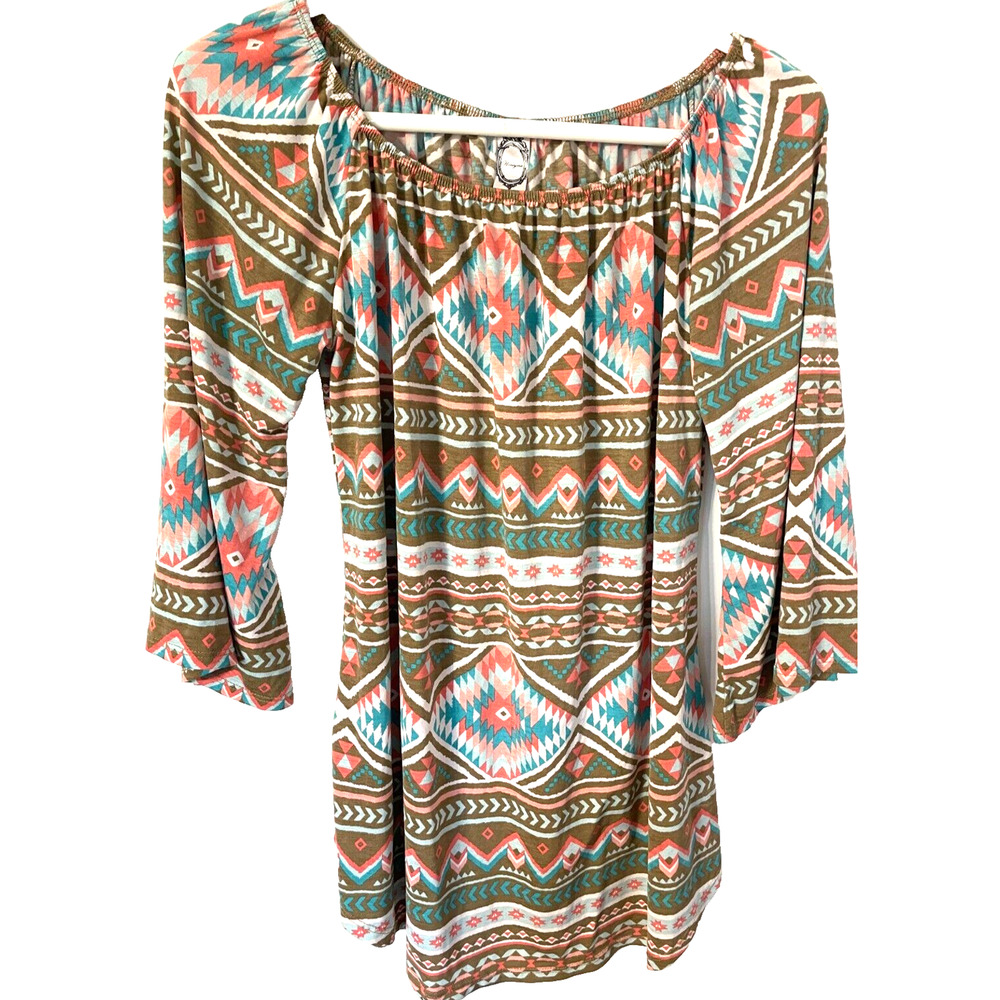 Honeyme Womans Small turquoise coral Argyle Geometric Southwest Tunic Shirt Top